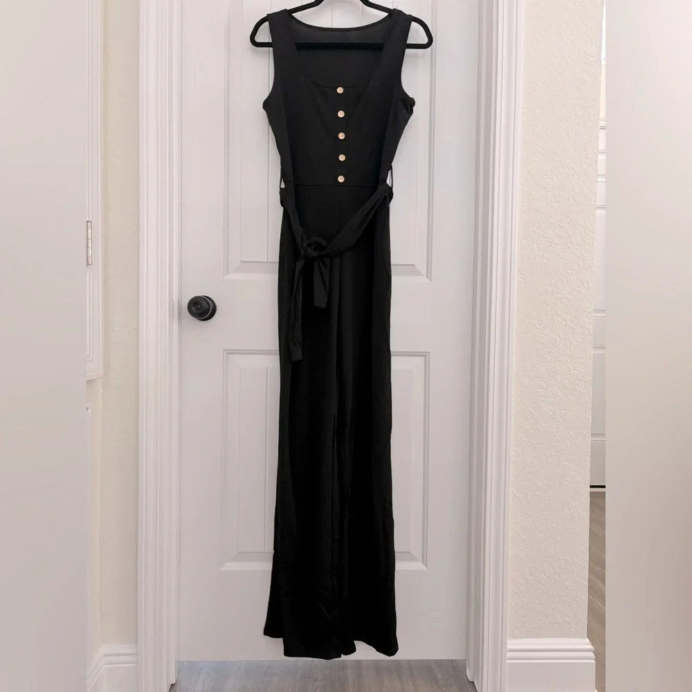 Black Sleeveless Button Front Belted Tie Waist Jumpsuit | Small - Picture 4 of 10